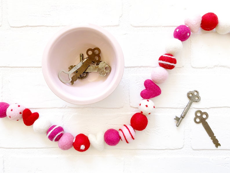 Key to My Heart Felt Pom Bunting Red and Pink Valentines Day Felt Ball and Heart Garland Tiered Tray, Mantle, Letterboard, Shelf Decor image 6