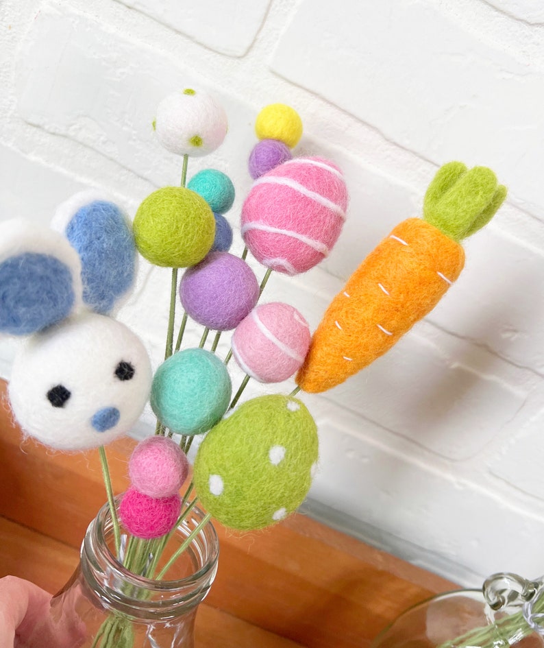 Pom Cluster Eggstra Special Easter Bunny and Egg Springtime Pom Flower Bouquet 4 Color Options Available Blue Ear Bunny