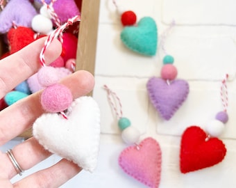 Stitched Felt Heart Valentines Day Ornament with Felt Pom Accents | February Decor, Gift Topper | Gift for Teacher