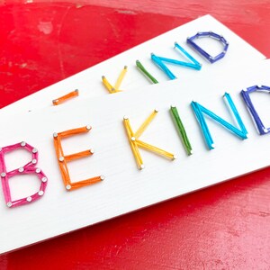 READY TO SHIP String Art 'Be Kind' Single Line Strung Sign, Rainbow Mini Block | Gray and White Wash Stain