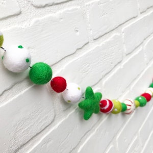 Peppermint Party Felt Pom Bunting Red, Greens and White Whimsical Christmas Felt Ball Garland image 2