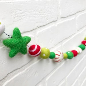 Peppermint Party Felt Pom Bunting Red, Greens and White Whimsical Christmas Felt Ball Garland image 4