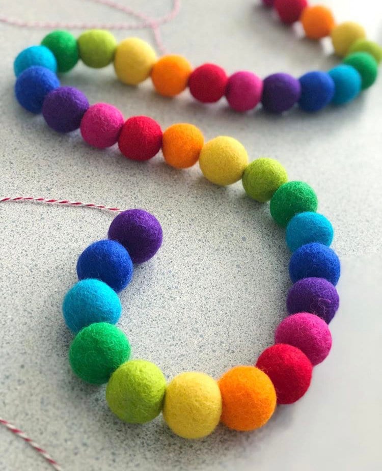 Rainbow Felt Pom Bunting | Felt Ball Garland | Tiered Tray, Mantle, Letterboard, Kids Bookshelf Decor | Christmas Tree Garland