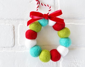 Felt Ball Wreath Ornament | Jingle Bell Rock Colorful Aqua Red Green Holiday Decor | Gift Topper