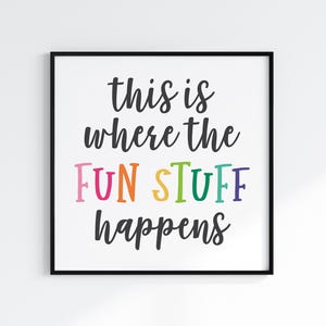 May include: Black framed print with the text "This is where the FUN STUFF happens" in colorful letters.