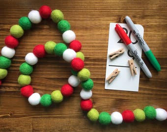 Griswold Family Christmas Felt Pom Bunting | Red, Greens and White | Holiday Felt Ball Garland | Tiered Tray, Mantle, Bookshelf Decor