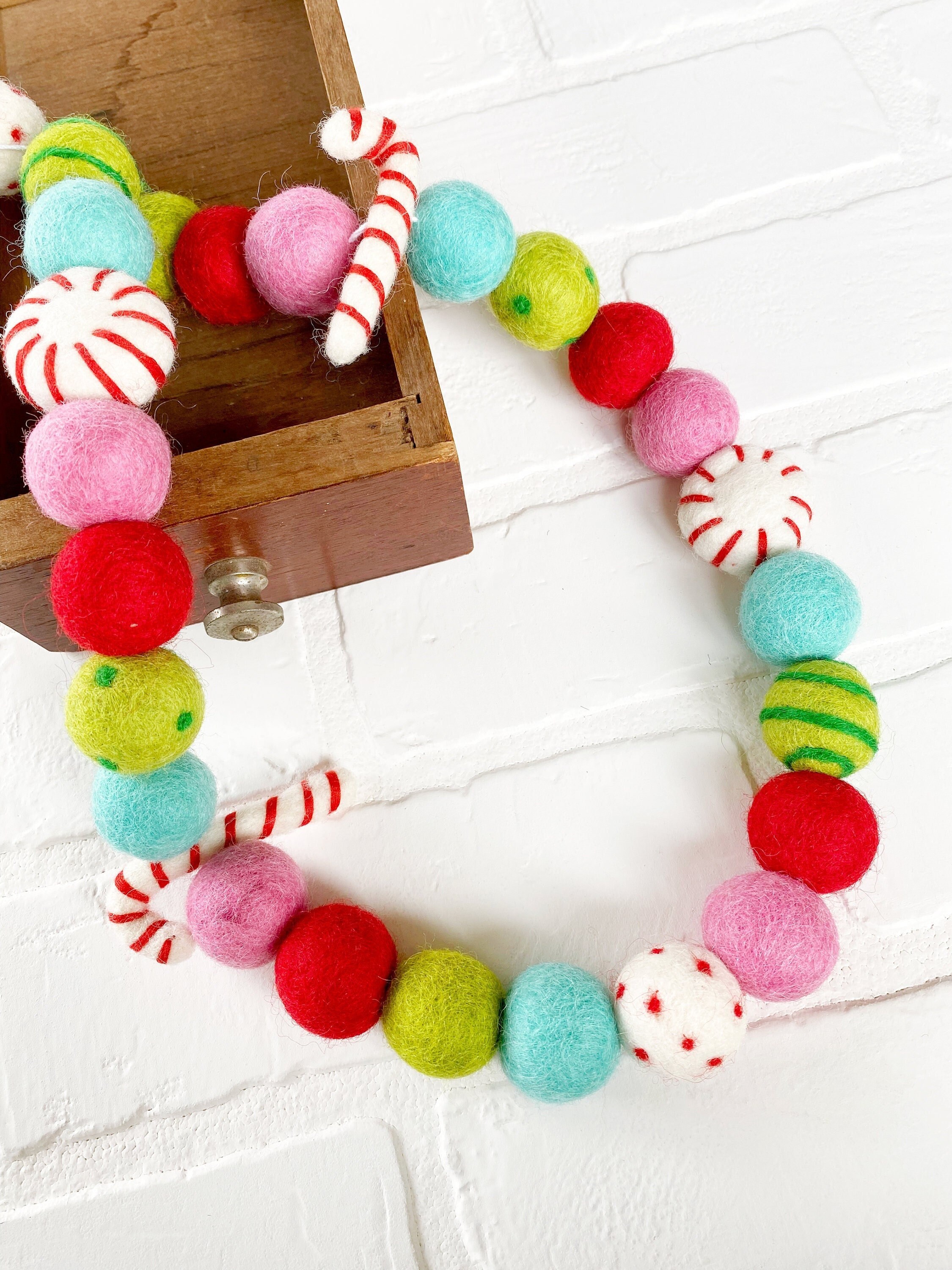 Cindy Lou Who Felt Pom Bunting | Christmas Holiday Whimsical Candy Cane Felt Ball Garland | Tiered Tray, Mantle, Kids Bookshelf Decor