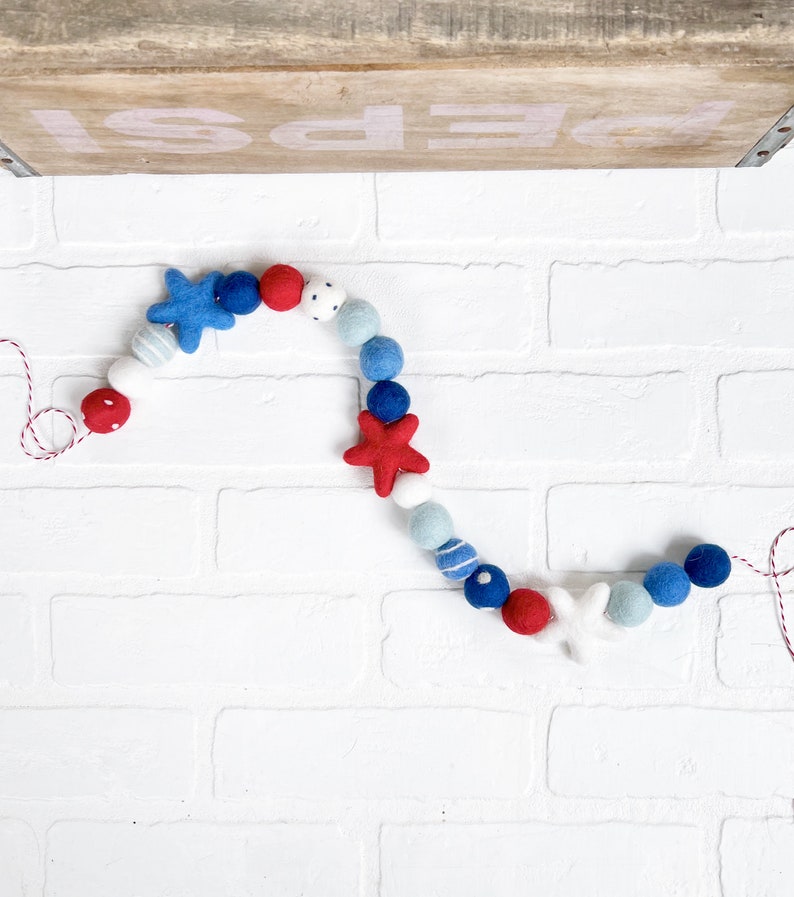 Perfectly Patriotic Felt Pom Bunting Memorial Day Independence Day 4th of July Labor Day Red White and Blue Garland Tiered Tray Decor image 4