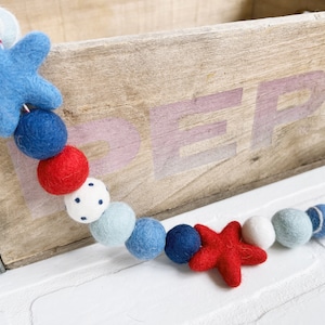 Perfectly Patriotic Felt Pom Bunting Memorial Day Independence Day 4th of July Labor Day Red White and Blue Garland Tiered Tray Decor image 1