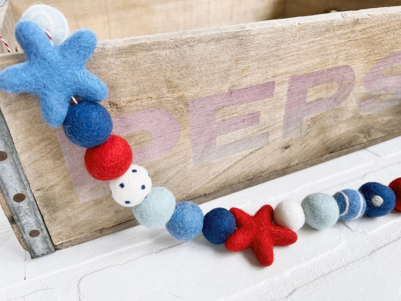 Perfectly Patriotic Felt Pom Bunting Memorial Day Independence Day 4th of July Labor Day Red White and Blue Garland Tiered Tray Decor image 1