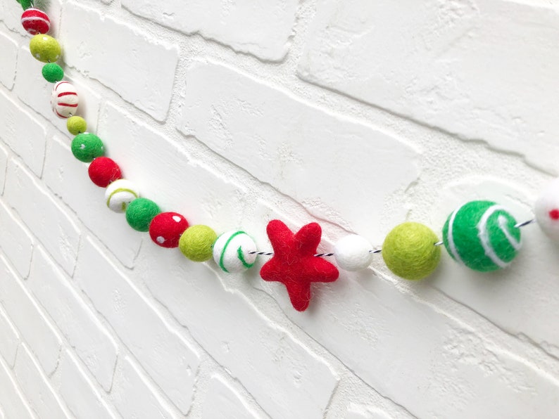 Peppermint Party Felt Pom Bunting Red, Greens and White Whimsical Christmas Felt Ball Garland image 6