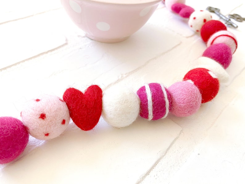 Key to My Heart Felt Pom Bunting Red and Pink Valentines Day Felt Ball and Heart Garland Tiered Tray, Mantle, Letterboard, Shelf Decor image 3