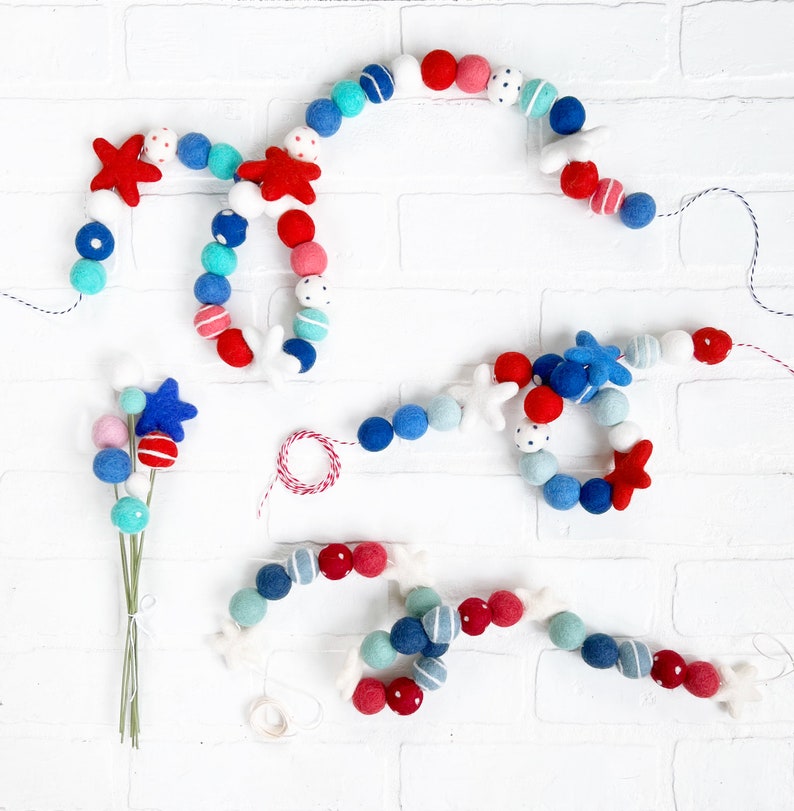 Perfectly Patriotic Felt Pom Bunting Memorial Day Independence Day 4th of July Labor Day Red White and Blue Garland Tiered Tray Decor image 5