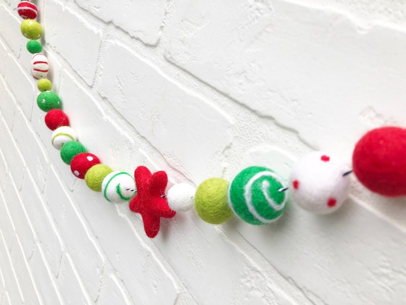 Peppermint Party Felt Pom Bunting Red, Greens and White Whimsical Christmas Felt Ball Garland image 5