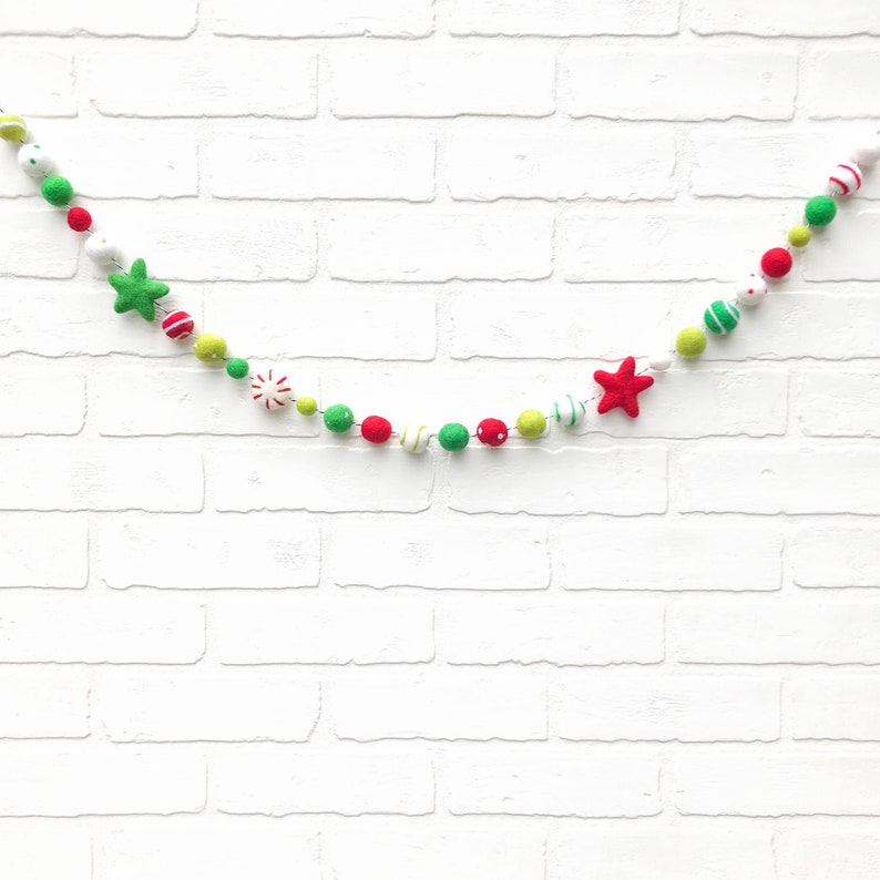 Peppermint Party Felt Pom Bunting Red, Greens and White Whimsical Christmas Felt Ball Garland image 1