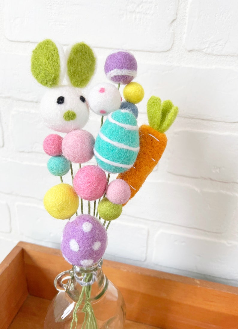 Pom Cluster Eggstra Special Easter Bunny and Egg Springtime Pom Flower Bouquet 4 Color Options Available Green Ear Bunny