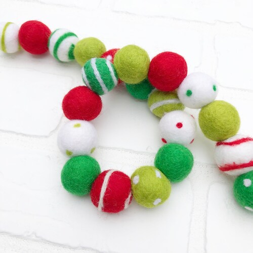 O Christmas Tree 2.0 Felt Pom Bunting | Red, Greens and White | Holiday Felt Ball Garland
