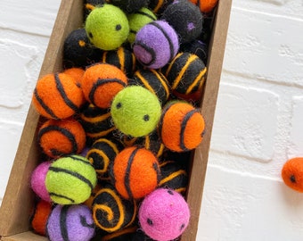 Mix and Match Halloween Polka Dot Swirl Specialty 2.5cm Felt Balls | 1 Inch Diameter 100% Wool Poms | DIY Garland Bunting Mantle Decor