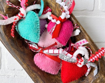 Stitched Felt Heart Valentines Day Ornament with Whimsical Ribbon Accents | February Decor, Gift Topper | Gift for Teacher