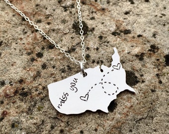 USA necklace, Long Distance Relationship Necklace - State Necklace - Stainless on Sterling Chain