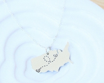 USA necklace, Long Distance Relationship Necklace - State Necklace - Stainless on Sterling Chain