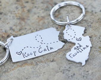 CUSTOM Long Distance Love KEYCHAINS Best Friend Gift- Set of Two(2) State Maps #SET
