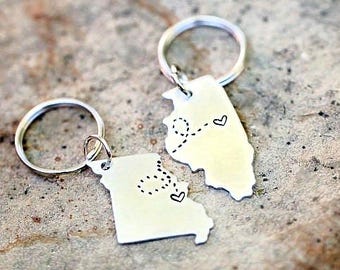 Hand Stamped State Keychain Set, Long Distance Gift, Best Friend Keychain