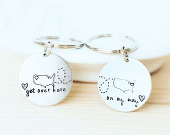 Personalized State Map Keychains - Long Distance Gift, Set of 2