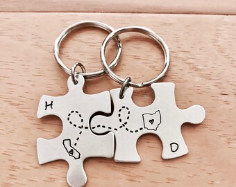 CUSTOM Long Distance Love KEYCHAINS Puzzle Pieces Best Friend Gift- Set of Two