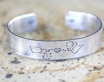 Long Distance Best Friend Gift, best friend Bracelet for sisters gift, girlfriend gift, Two State jewelry personalized cuff bracelet