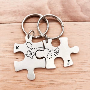 CUSTOM Long Distance Love KEYCHAINS Puzzle Pieces Best Friend Gift- Set of Two