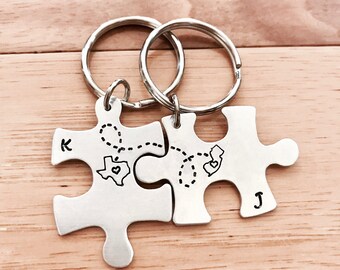 CUSTOM Long Distance Love KEYCHAINS Puzzle Pieces Best Friend Gift- Set of Two