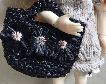 BJD YoSD and MSD size - Crochet black straw bag with flower motifs (Bag only - Hat sold separately)