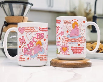 Funny Pisces Zodiac Mug, Cute Pink Astrology Cherub Angel Art, February Birthday Present, High Quality Ceramic Coffee Cup With Fast Delivery