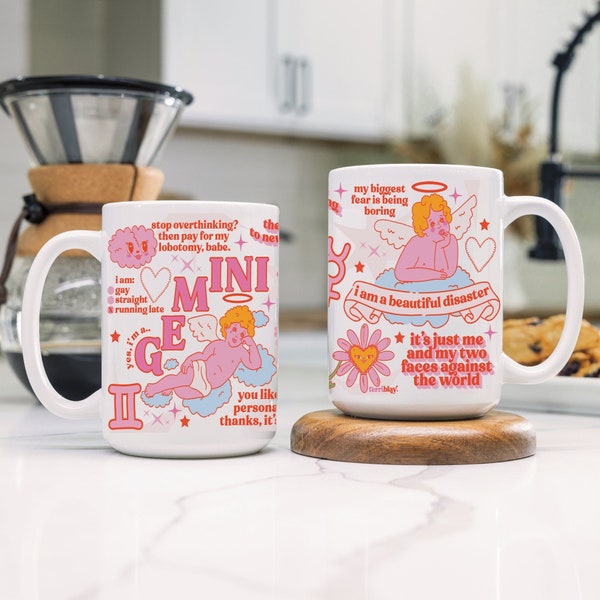 Funny Gemini Zodiac Mug, Cute Pink Astrology Art Coffee Cup for June Birthday Present, High Quality Ceramic Kitchy Home Decor, Ships Quickly