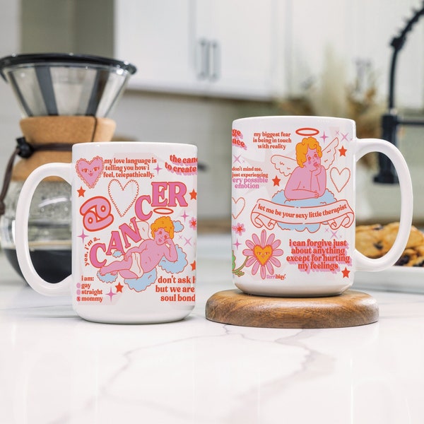 Funny Cancer Zodiac Mug, Cute Pink Astrology Cherub Angel Art, July Birthday Present, Kitschy Home Decor, High Quality Ceramic Coffee Cup