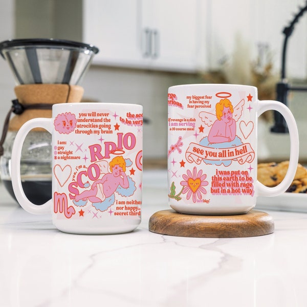 Funny Scorpio Zodiac Mug, Cute Pink Astrology Art Coffee Cup For November Birthday Present, High Quality Fast Shipping Ceramic, Cherub Angel