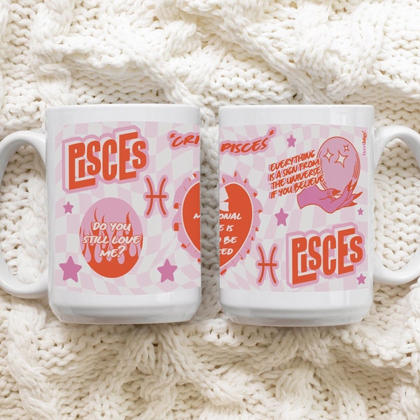 Funny Pisces Zodiac Checkered Mug, Cute Pink Astrology Coffee Cup, Bridesmaid Gift, Birthday Present, Trendy Girly Decor, Meme, Terriblay