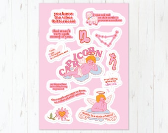 Funny Capricorn Zodiac Sticker Sheet, Cute Pink Humorous Art, High Quality Printing with Quick Shipping For January Birthday Present Idea