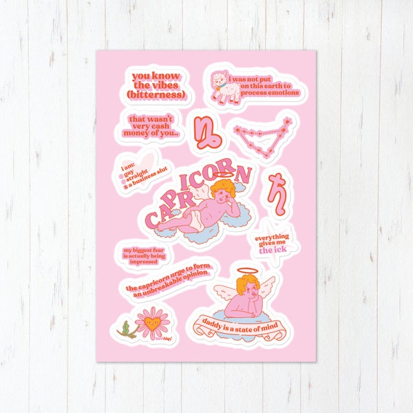 Funny Capricorn Zodiac Sticker Sheet, Cute Pink Humorous Art, High Quality Printing with Quick Shipping For January Birthday Present Idea