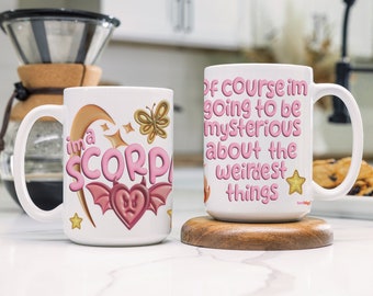 funny scorpio zodiac mug, cute pink 3d astrology art coffee cup, trendy decor, girly things, bridesmaid gift, meme quote slogan, terriblay