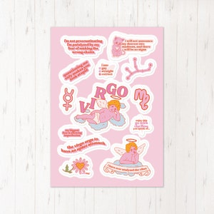 Funny Virgo Zodiac Sticker Sheet, Cute Pink Gift for Astrology Lover, September Birthday Present, Cherub Angel Retro Cartoon Quality Art