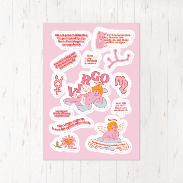 Funny Virgo Zodiac Sticker Sheet, Cute Pink Gift for Astrology Lover, September Birthday Present, Cherub Angel Retro Cartoon Quality Art