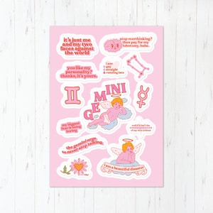Funny Gemini Zodiac Vinyl Sticker Sheet, Cute Pink Astrology Art Vinyl Stickers, High Quality Waterproof, June Birthday Present Ships Quick