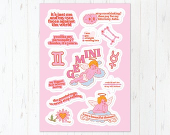 Funny Gemini Zodiac Vinyl Sticker Sheet, Cute Pink Astrology Art Vinyl Stickers, High Quality Waterproof, June Birthday Present Ships Quick