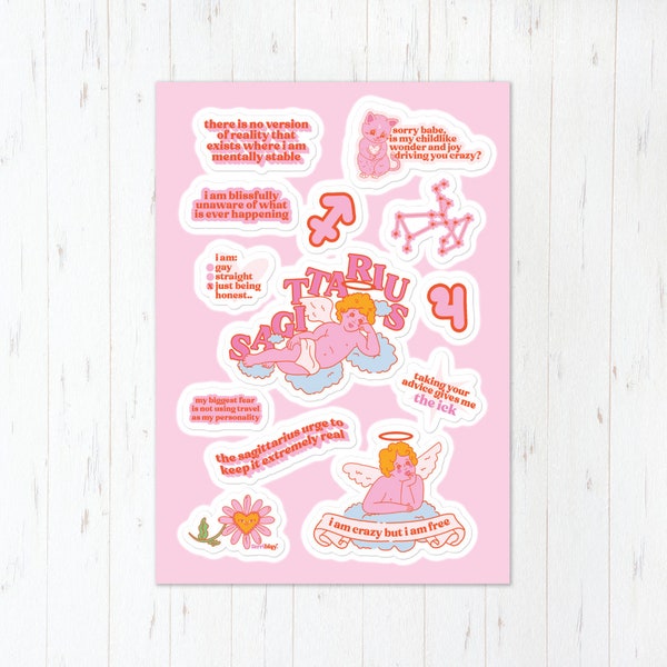 Funny Sagittarius Zodiac Sticker Sheet, Cute Pink Astrology Art for December Birthday Present with Quick Delivery, Waterproof Vinyl Durable