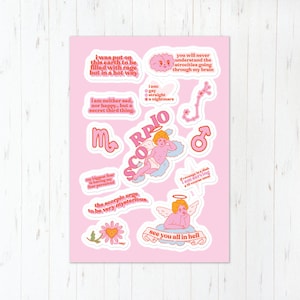Funny Scorpio Zodiac Sticker Sheet, Cute Pink Astrology Angel Art Vinyl Stickers, Waterproof Durable, November Birthday Present Ships Quick