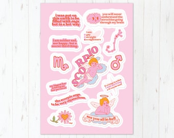 Funny Scorpio Zodiac Sticker Sheet, Cute Pink Astrology Angel Art Vinyl Stickers, Waterproof Durable, November Birthday Present Ships Quick