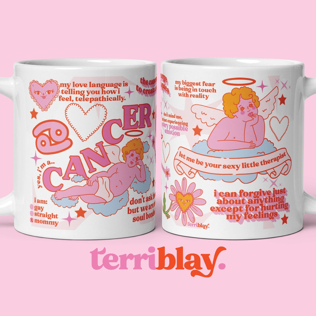 Funny Cancer Zodiac Mug, Cute Pink Astrology Cherub Angel Art, July