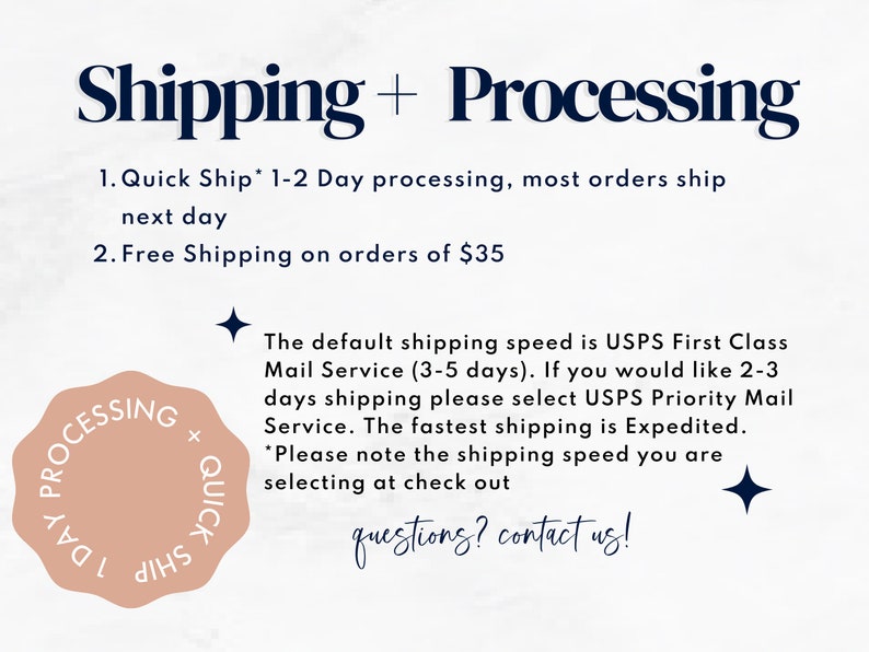 Puede incluir: Un gr&aacute;fico con el texto "Shipping + Processing" y detalles sobre las opciones de env&iacute;o, que incluyen env&iacute;o r&aacute;pido, env&iacute;o gratuito en pedidos superiores a $ 35 y USPS First Class Mail Service. El gr&aacute;fico tambi&eacute;n incluye un sello circular con el texto "1 Day Ship x Quick Processing".